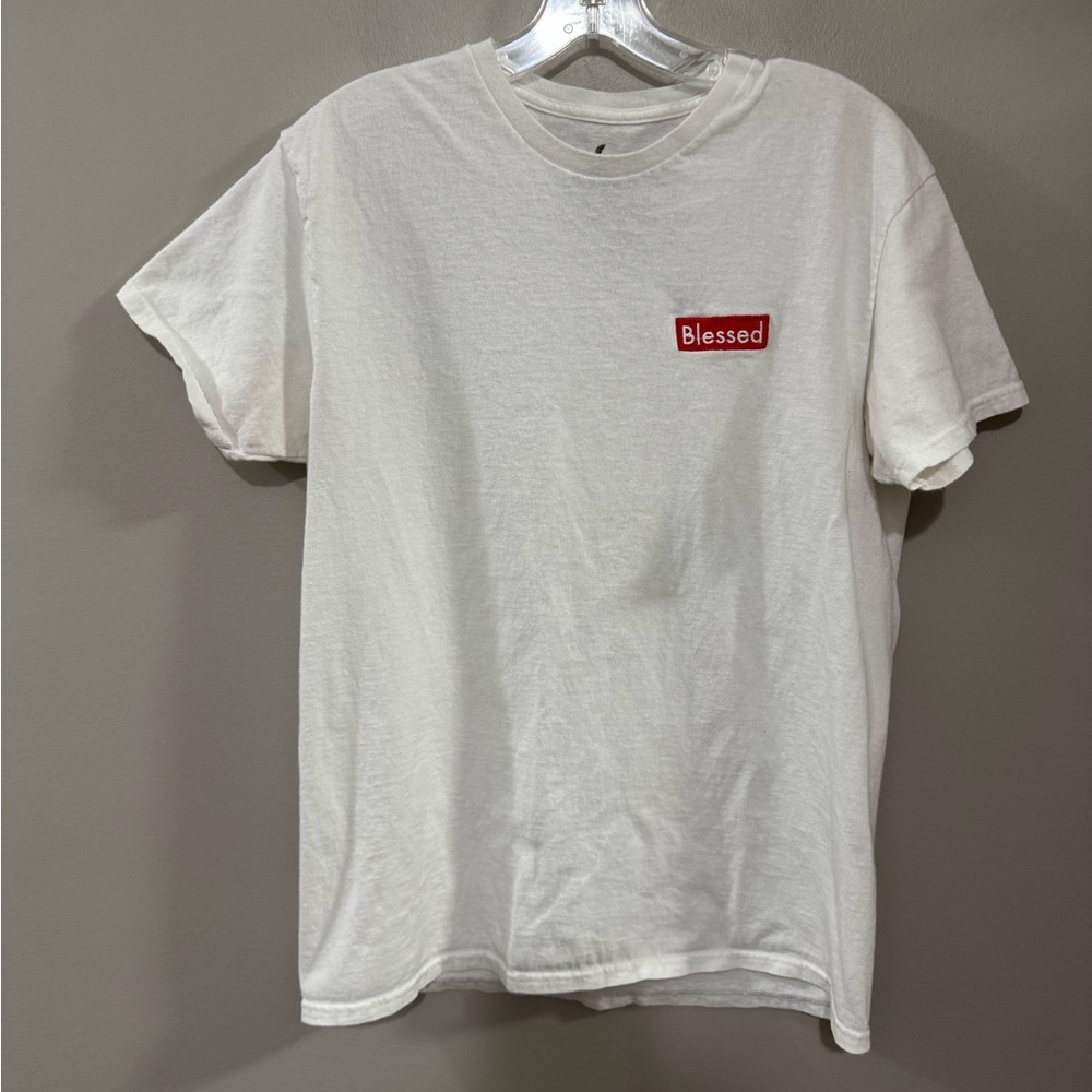 Men's Vibe White Short Sleeve Tee with Blessed Minimalist Design. Size Medium